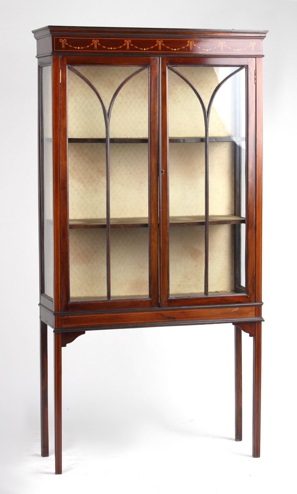 Property of a deceased estate - an Edwardian two-door china display cabinet with ribbon & bell