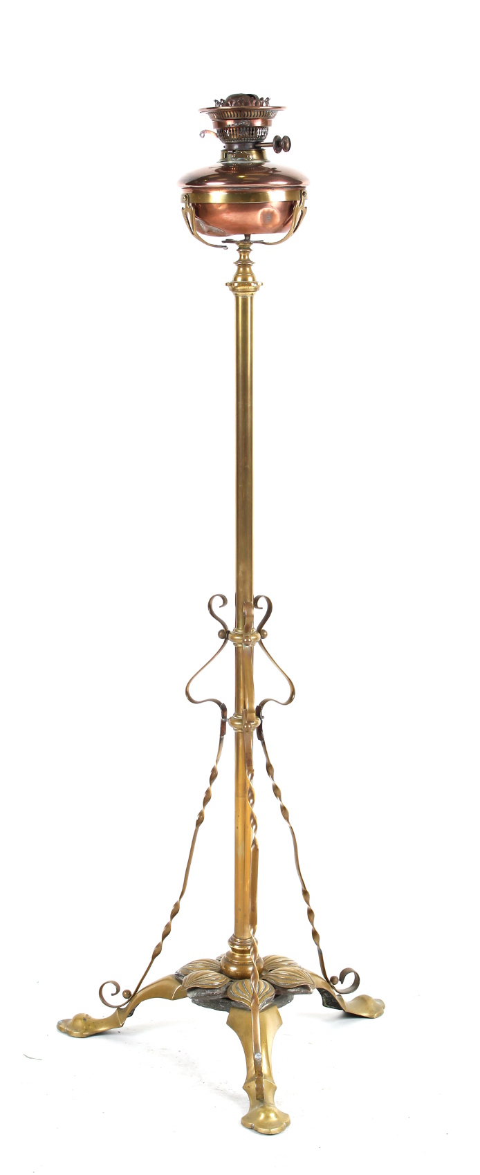 Property of a gentleman - a late Victorian brass & copper adjustable standard oil lamp with tripod