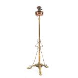 Property of a gentleman - a late Victorian brass & copper adjustable standard oil lamp with tripod