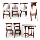 Property of a deceased estate - a pair of elm seated Oxford chairs; together with three stick-back