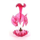 Property of a deceased estate - a Victorian cranberry glass epergne, 19.3ins. (49cms.) high (see
