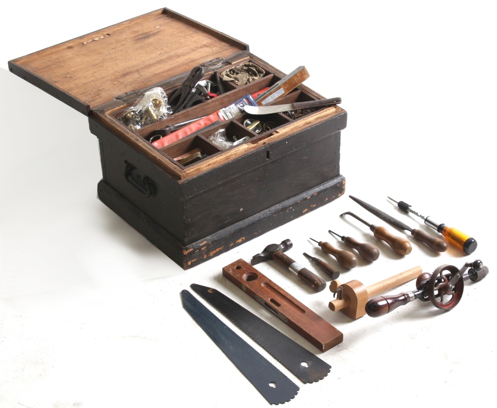 Property of a deceased estate - a small stained pine tool chest & contents, 16.75ins. (42.5cms.)