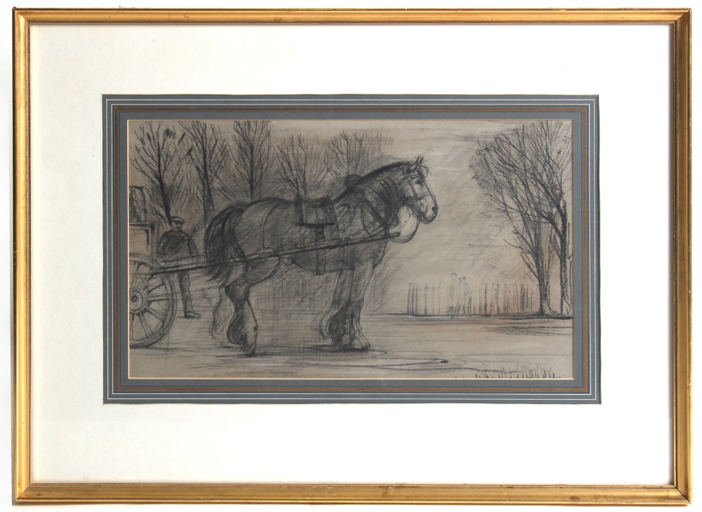 Property of a lady - mid 20th century English school - A DRAY HORSE - charcoal drawing, 10.85 by