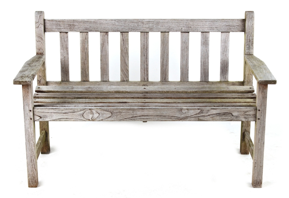 Property of a deceased estate - a teak garden bench, 50.25ins. (127.5cms.) long (see illustration).