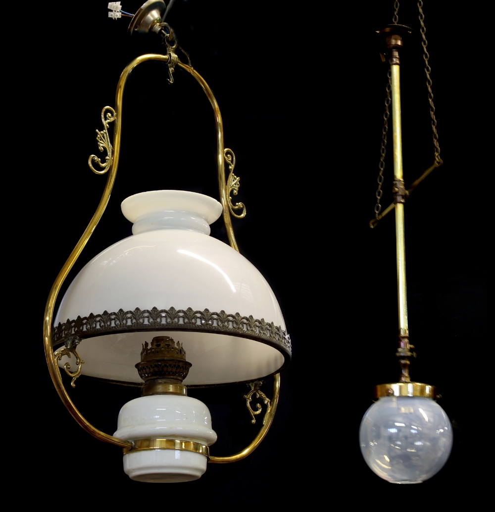 Property of a lady - two brass ceiling lights with glass shades, both late 19th / early 20th century