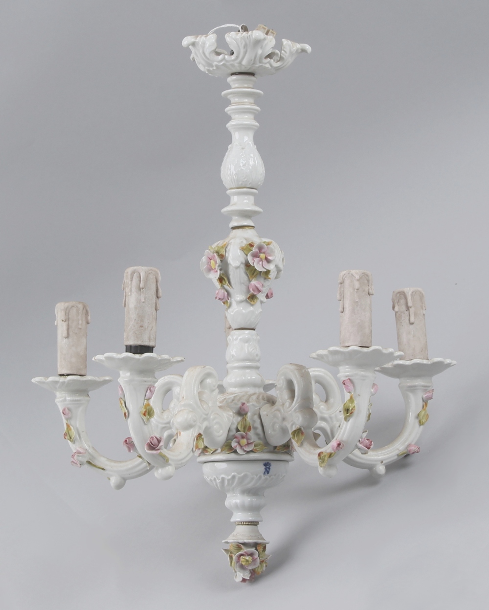 Property of a lady - a modern Capodimonte Naples floral encrusted porcelain five light chandelier or