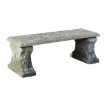 Property of a deceased estate - a well-weathered reconstituted stone three-part garden bench, 46.