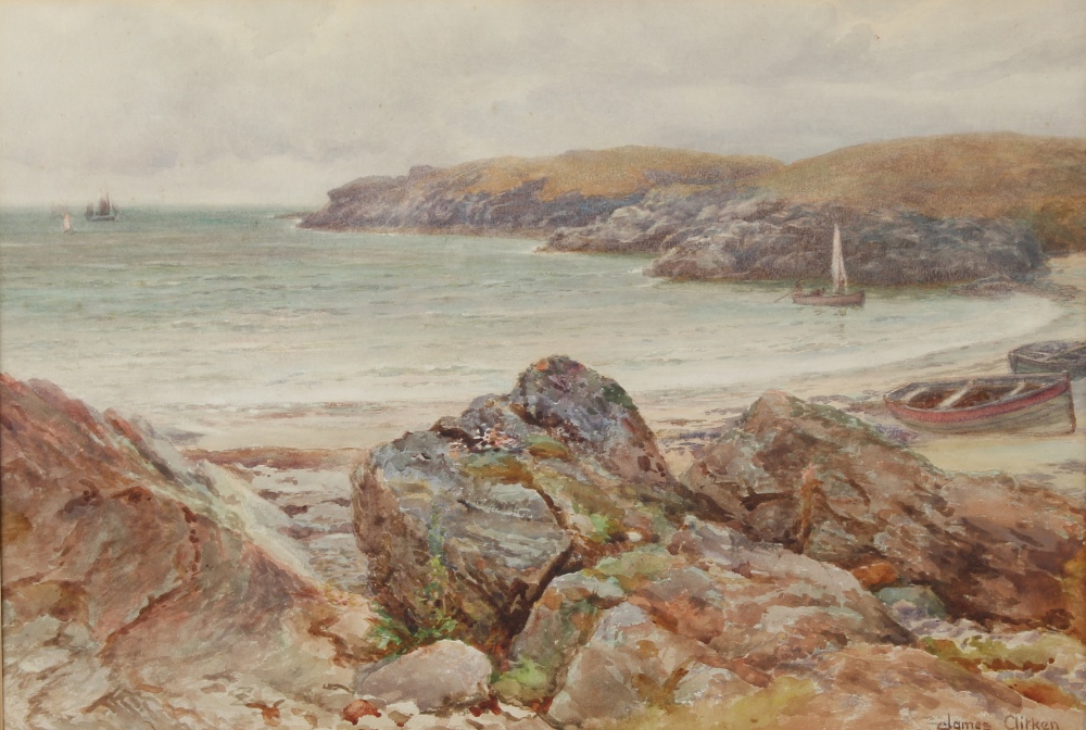 Property of a lady - James Aitken (exh.1884-1933) - A COASTAL SCENE WITH BOATS - watercolour, 12.