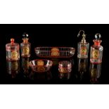 Property of a deceased estate - an Art Deco red & gilt decorated glass seven piece dressing table