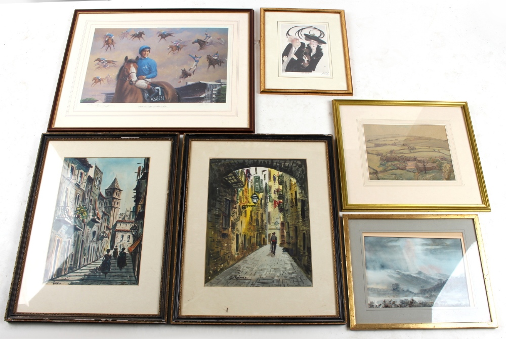 Property of a lady - a group of six framed & glazed pictures & prints including a watercolour by