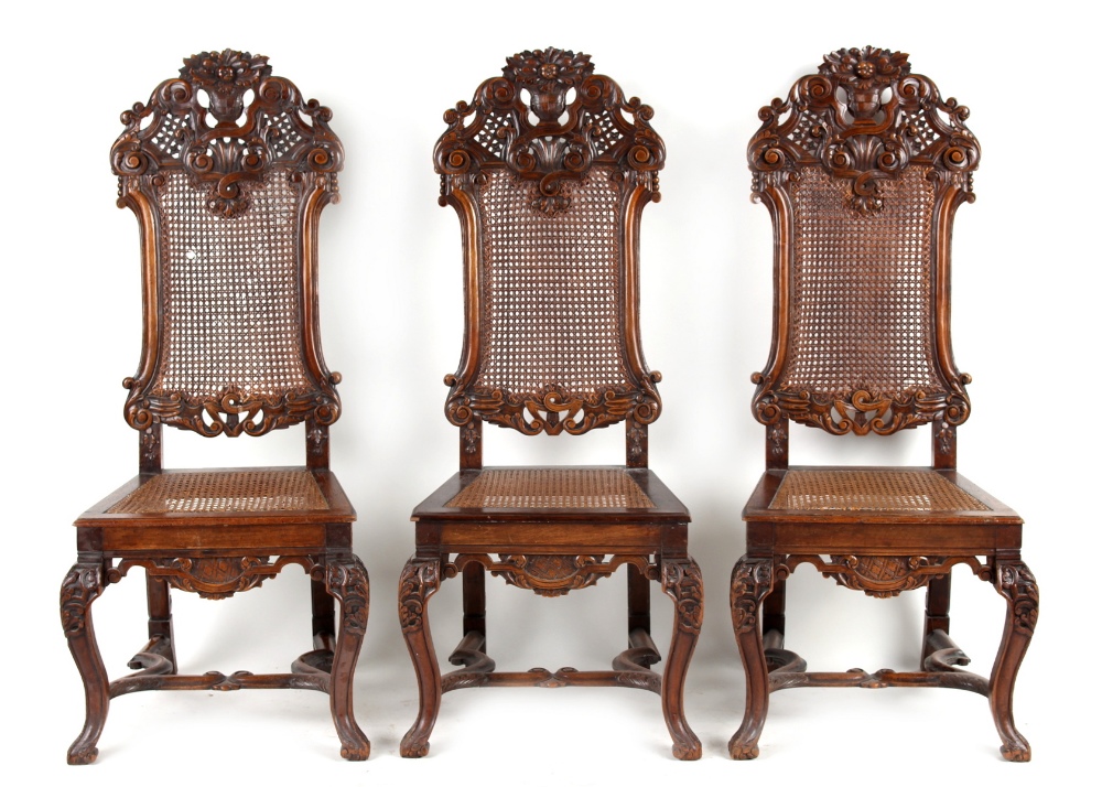 Property of a lady - a set of three 19th century Continental carved walnut & cane panelled high back