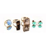 Property of a lady - a pair of turquoise earrings; an opal doublet ring; a smoky quartz ring; and