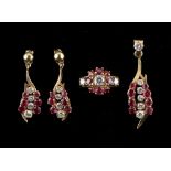 Property of a lady - a Dutch unmarked yellow gold (tests 14-18ct) ruby & diamond suite or demi