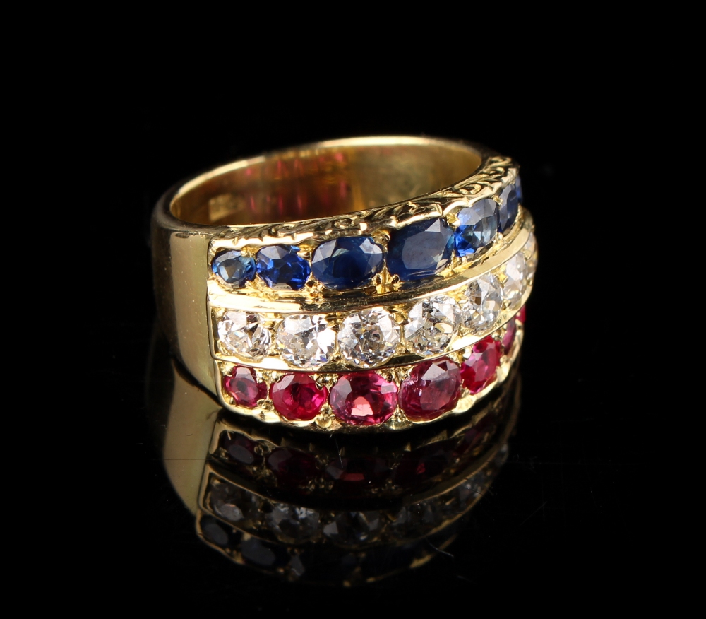 An 18ct yellow gold multi gem set ring, pave set with three rows of seven each graduated rubies, - Image 3 of 3