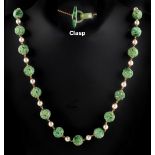 A pearl & carved jadeite bead long necklace, the jadeite beads each approximately 13mm diameter, the