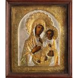Property of a deceased estate - a mid 19th century Russian icon, in fitted mahogany case, 5.9 by 5.