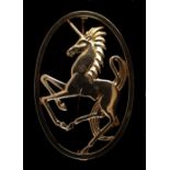 Property of a lady - a 9ct gold unicorn brooch, designed by Geoffrey G. Bellamy, signed, 1.95ins. (