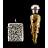 Property of a lady - a silver topped gilt floral decorated glass scent phial, 3.8ins. (9.7cms.)