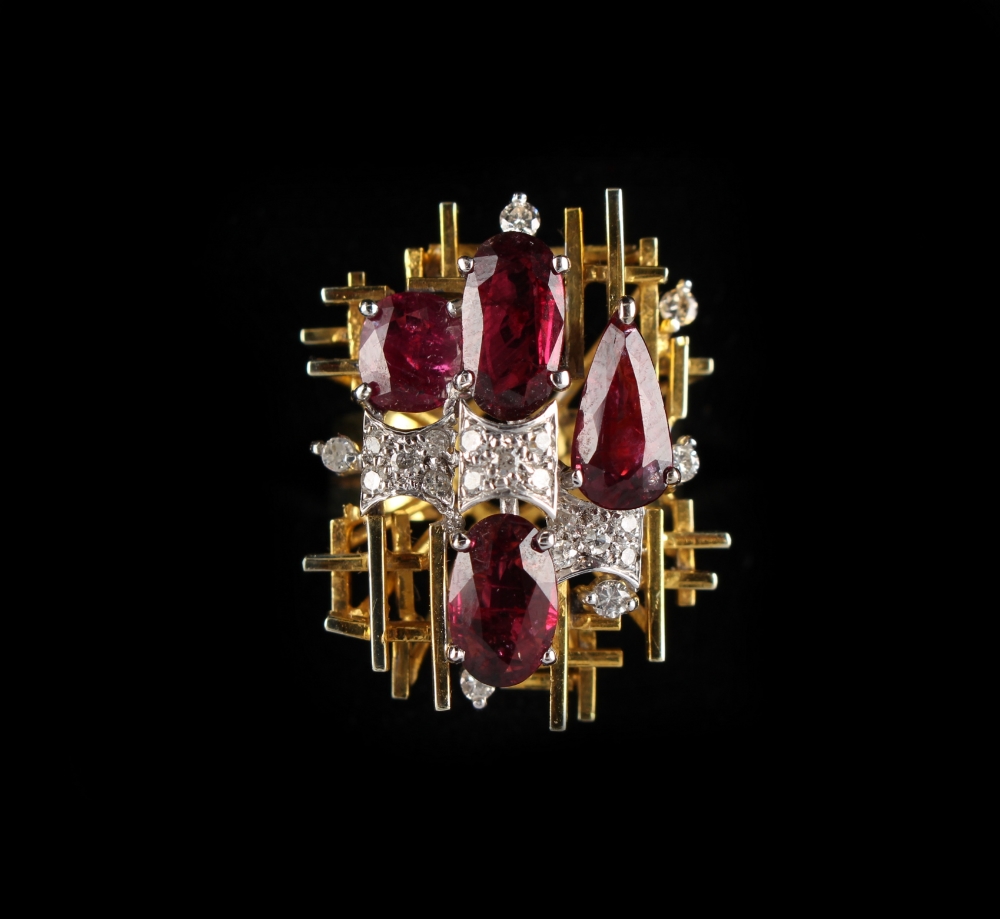A French modernist style 14ct yellow gold ruby & diamond ring, set with four rubies of various - Image 2 of 2