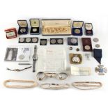 Property of a deceased estate - a bag containing assorted costume jewellery, watches & coins,