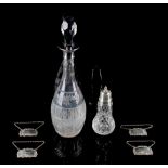 Property of a deceased estate - a cut glass decanter with silver collar, 15ins. (38cms.) high (