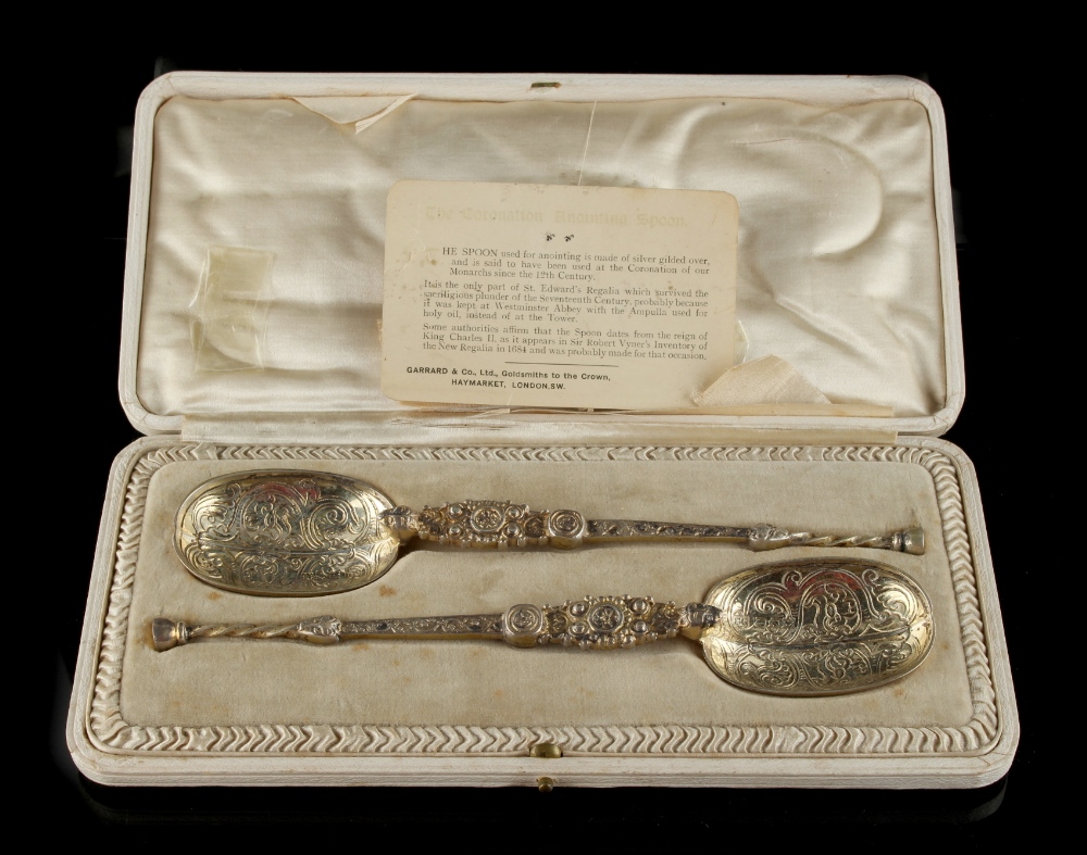 Property of a lady - a pair of silver anointing spoons, makers Sebastian Harry Garrard, London 1910,