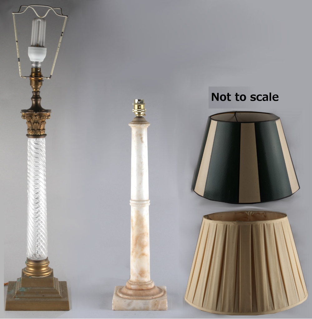 Property of a lady - a brass & tapering rope-twist moulded glass Corinthian column table lamp,