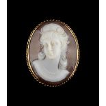 A 9ct gold oval framed shell cameo depicting the head of a classical maiden, with rope-twist border,