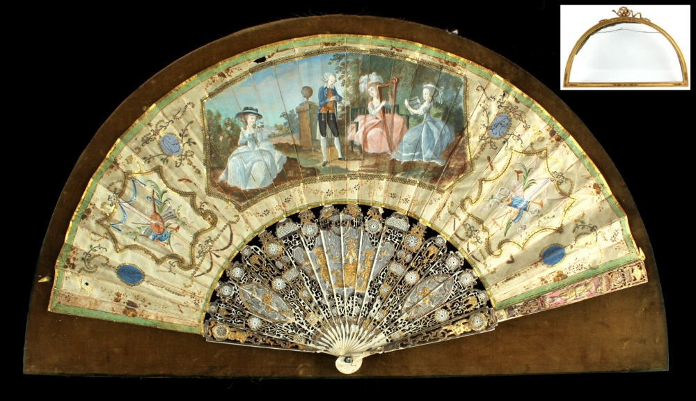 Property of a lady - a 19th century French painted silk fan, mounted in a Duvelleroy glazed gilt