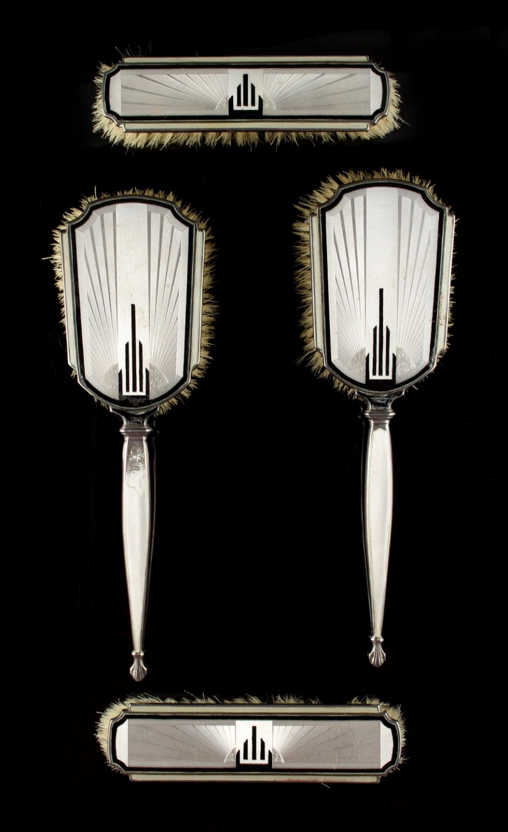 Property of a lady - an Art Deco silver & guilloche enamel four piece brush set, Birmingham 1933/