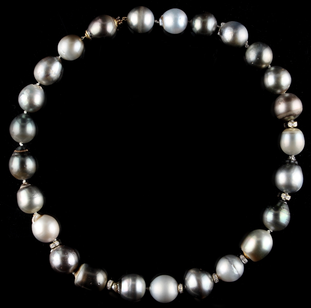 A Tahitian pearl necklace, the twenty-five irregular shaped variegated grey pearls each