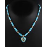 A late Victorian pale blue enamel & seed pearl necklace with pendant heart shaped locket, the locket