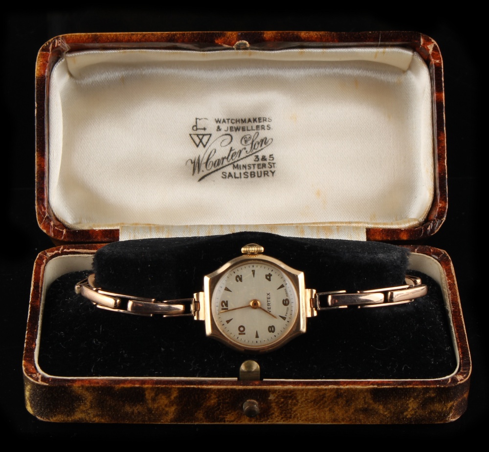 Property of a deceased estate - a lady's Vertex 9ct gold wristwatch on 9ct gold bracelet strap,