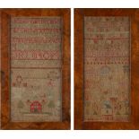 Property of a lady - two 19th century alphabet & house samplers, in similar glazed frames, 19.3 by