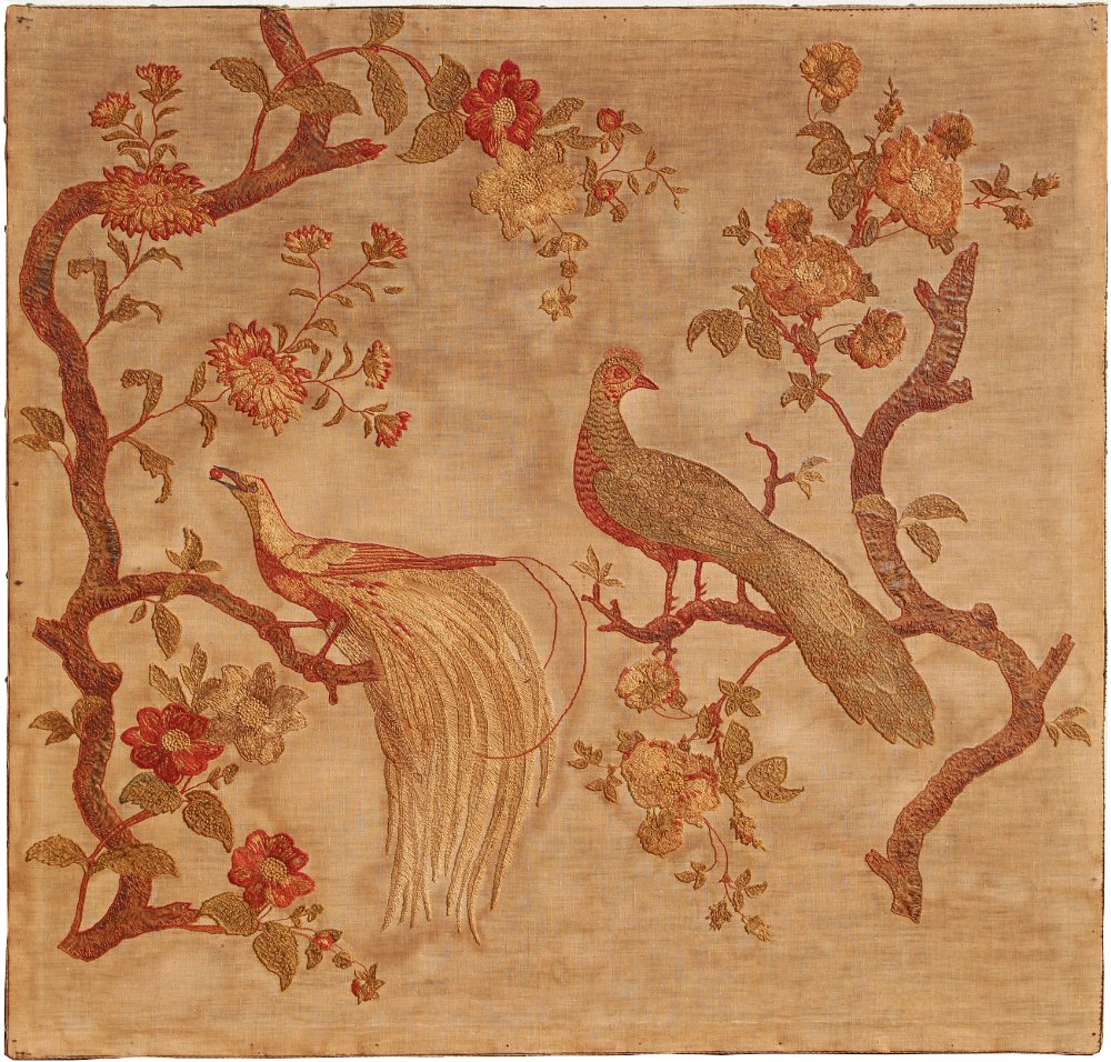 Property of a gentleman - a 19th century embroidered panel depicting a peacock & a bird of paradise,