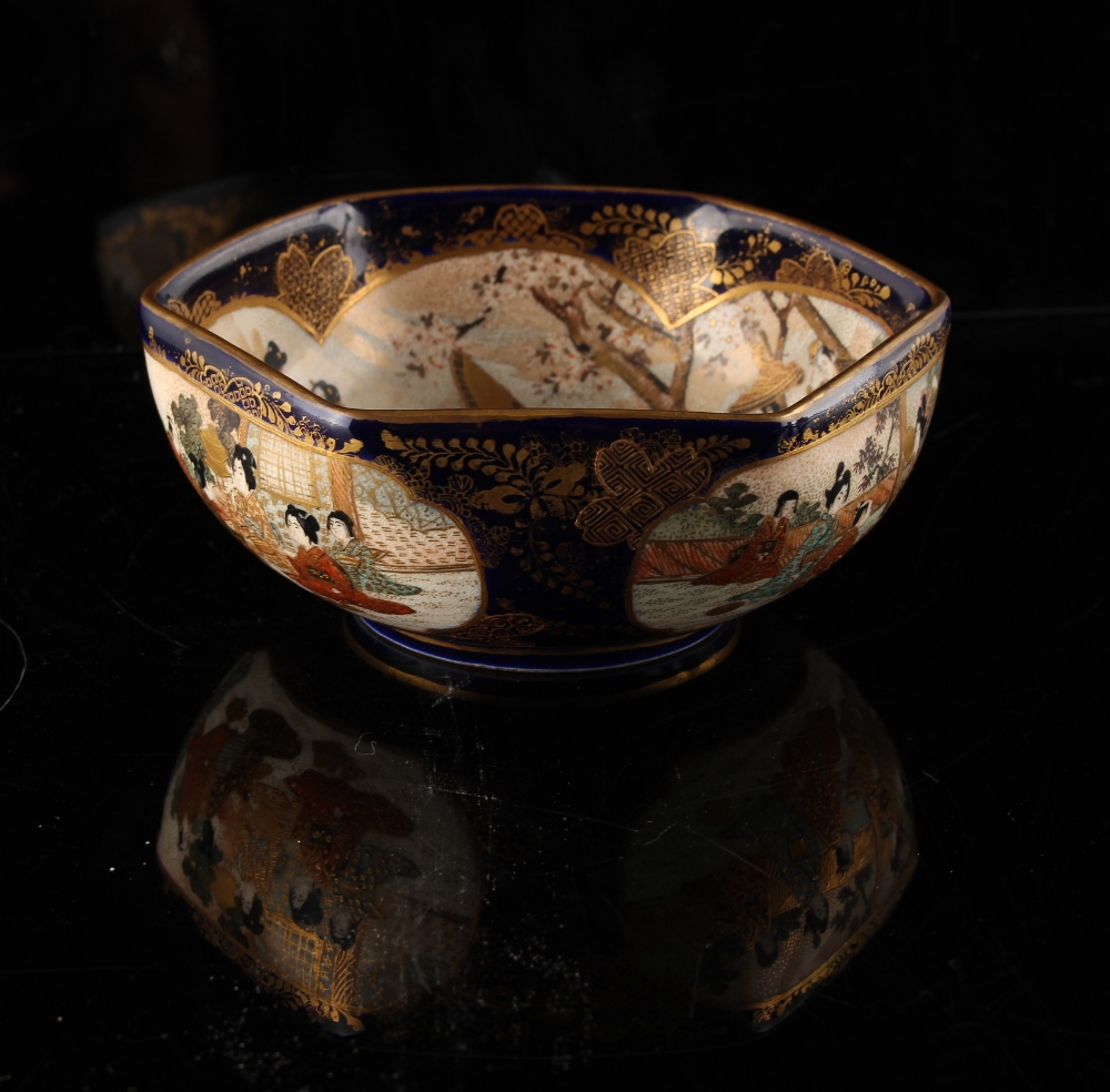 A Japanese Satsuma hexagonal bowl, Meiji period (1868-1912), painted with panels of figures on a - Image 3 of 4