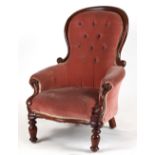 Property of a lady of title - a Victorian pink upholstered spoon-back armchair (for restoration) (