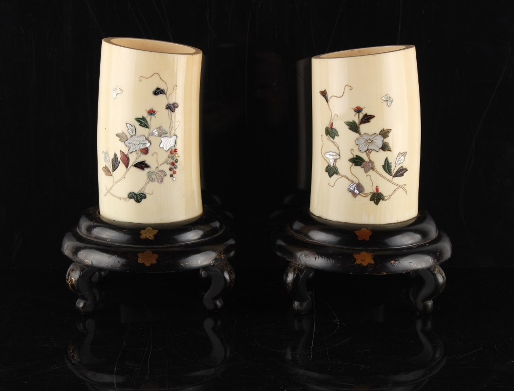 Property of a gentleman - a pair of Japanese shibayama style ivory tusk section vases, Meiji