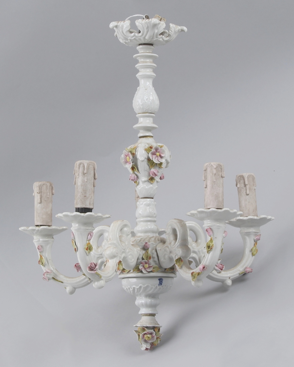 Property of a lady - a modern Capodimonte Naples floral encrusted porcelain five light chandelier or