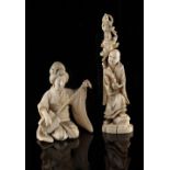 Property of a gentleman - a Japanese carved ivory okimono depicting a seated lady playing a