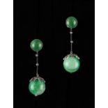 A pair of white gold jadeite & diamond pendant earrings, each with a jadeite ball pendant with apple