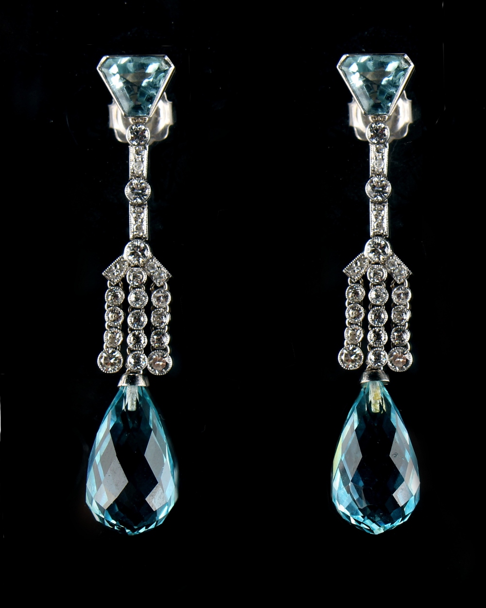 A good pair of Art Deco style unmarked white gold or platinum aquamarine & diamond pendant earrings,