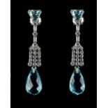 A good pair of Art Deco style unmarked white gold or platinum aquamarine & diamond pendant earrings,