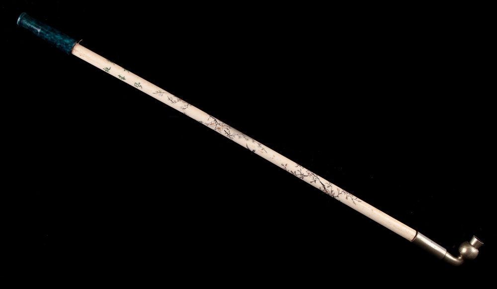 A late 19th / early 20th century ivory opium pipe, with incised & painted decoration depicting birds