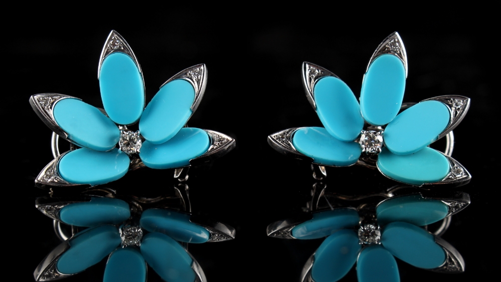 A pair of modern 14ct white gold turquoise & diamond floral earrings, each in the form of five