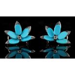 A pair of modern 14ct white gold turquoise & diamond floral earrings, each in the form of five