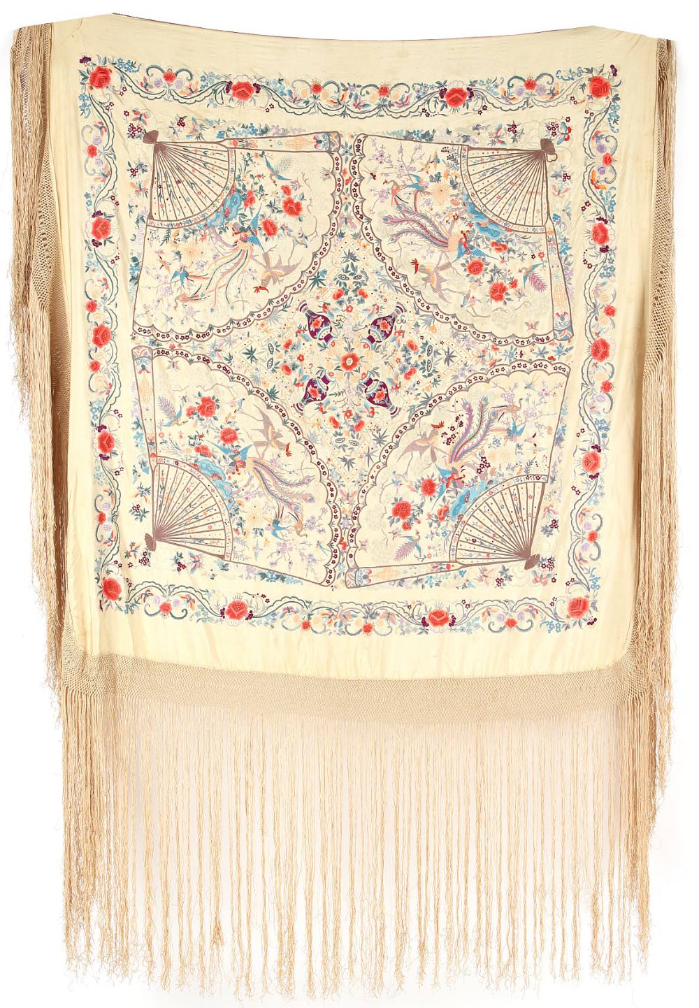 Property of a lady - a Chinese embroidered silk shawl, late 19th / early 20th century, with exotic