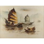Tony Wong (20th century) - JUNKS IN HARBOUR - oil on board, 17.7 by 23.6ins. (45 by 60cms.),