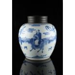 A Chinese blue & white ovoid ginger jar, 18th / 19th century, painted with a figure riding a qilin