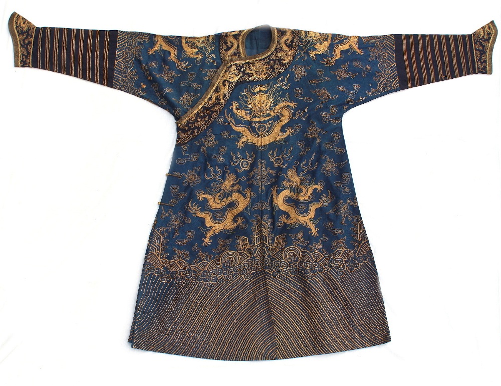 A late 19th century Chinese embroidered summer dragon robe with gilt wrapped threads & long